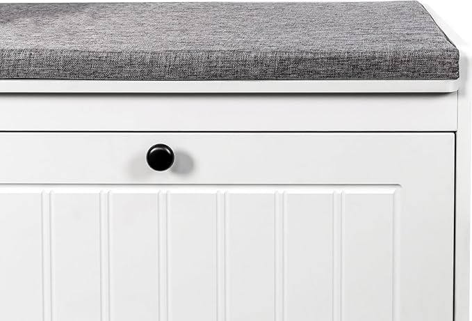 Shoe Storage Bench, Modern Wooden Shoe Cabinet with Flip Drawer and Adjustable Shelf, Entry Way Bench with Padded Seat Cushion for Entryway, Hallway, Living Room,Off-White