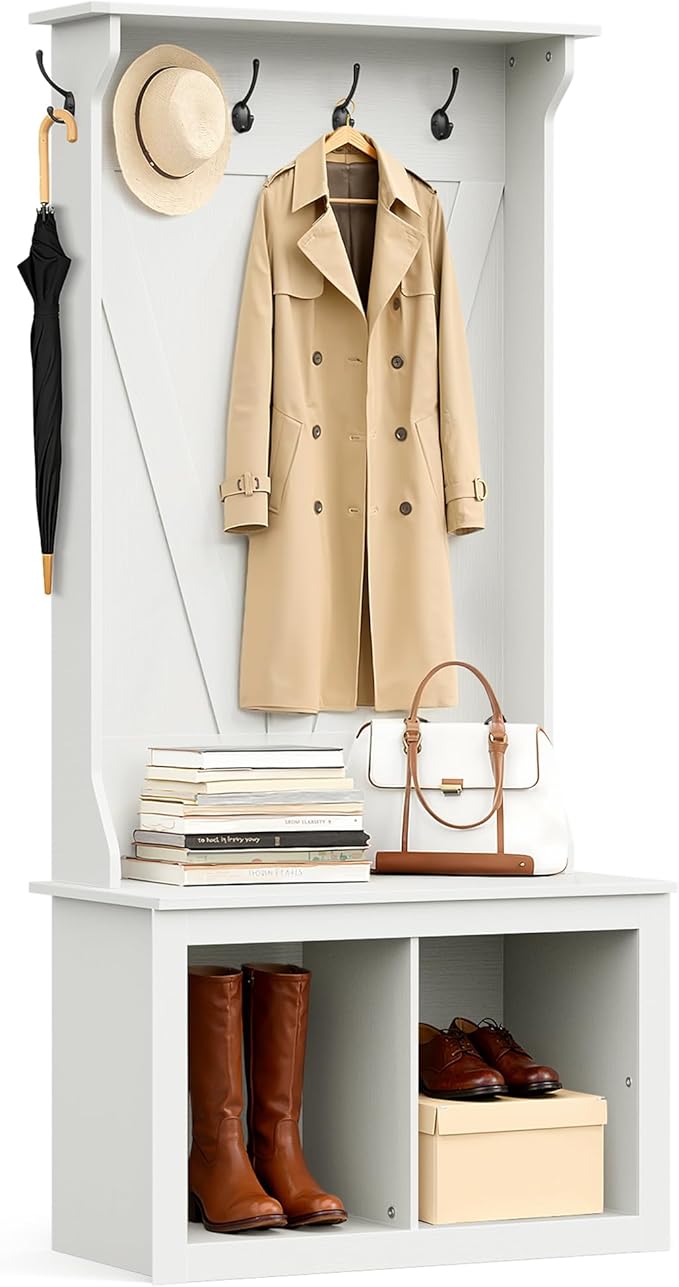 JUMMICO 67" Hall Tree with Bench and Shoe Storage, Farmhouse Entryway Bench with Coat Rack, Mudroom Storage Organizer with 2 Cubbies, 6 Hooks for Entryway, Living Room, White