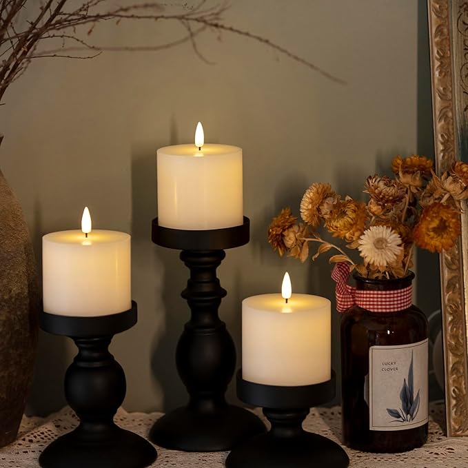 White Flameless Candles Set of 3 (3x3 inch) Real Wax Flickering LED Candles Battery Operated with Remote Control Timers for Fireplace Bedroom Livingroom Party Dimmable Pillars Flat top