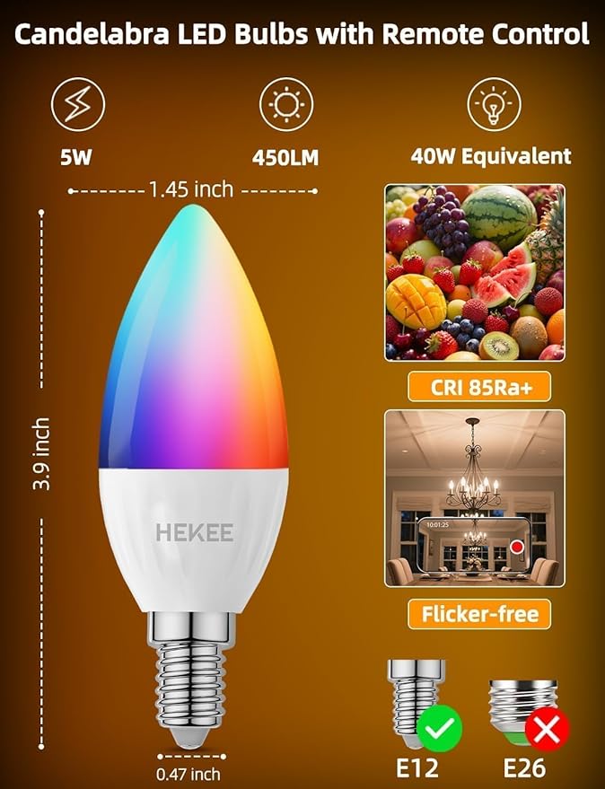 HEKEE E12 B11 LED Candle Light Bulbs, Color Changing, C37 40W Incandescent Equivalent, 450 Lumen, RGB + 2700K Warm White, 5Watt, 12 Colors, 2 Modes, Timer, Remote Control(10 Pack)