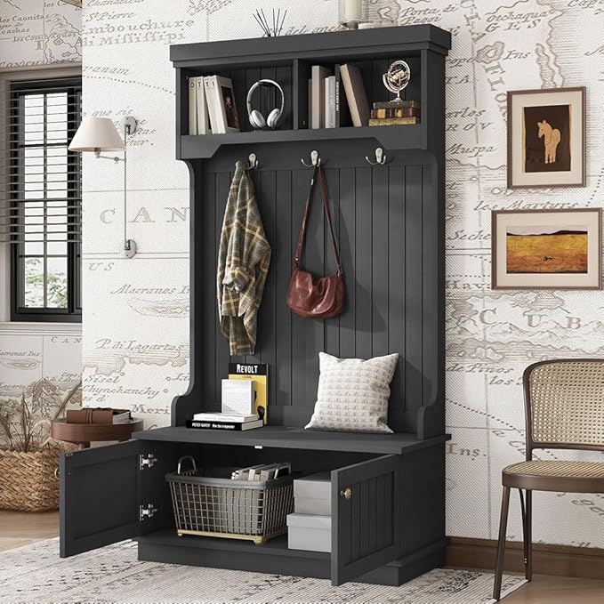 Hall Tree, Modern 4-in-1 Storage Hall Tree with Bench, Multi-Purpose Home Organizer with Coat Rack and Hooks, Entryway Coat Rack for Living Room, Hallway,Black
