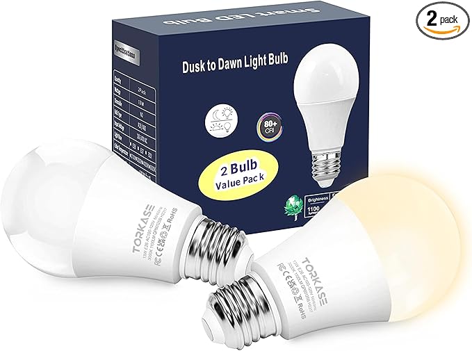 Torkase Outdoor Dusk to Dawn Light Bulbs, No Timer Required, 13W(100W Equivalent), 3000K Warm White, E26 A19 Automatic Sensor LED Bulb, Built-in Photocell Detector for Boundary Garage Patio, 2 Pack