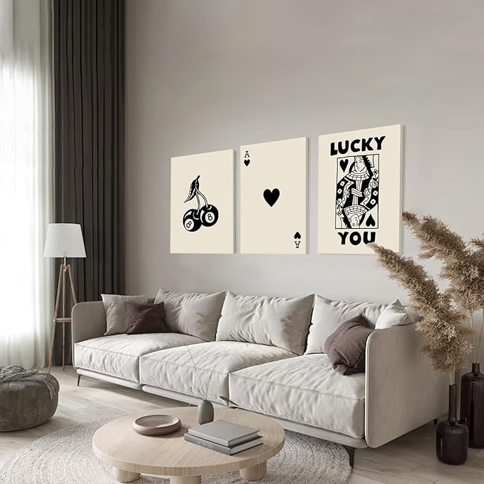 TWNSLLA Framed Retro Wall Art Set of 3 Lucky You Posters,Beige and Black Wall Art Decor,Trendy Queen Poker Ace Card Canvas Art Prints,Minimalist Modern Wall Decor Living Room Vintage Farmhouse Bathroom Decor Wall Art,12"x16"