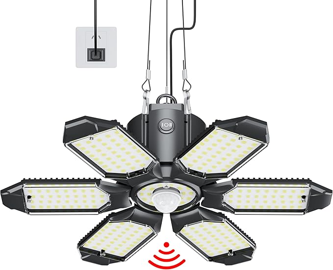 Motion Sensor Garage Light, 200W 20000LM Plug in Motion Sensor Light Indoor, Shop Lights for Garage Motion Activated Deformable Panels, Dusk to Dawn Sensor Light for Basement, Workshop, Warehouse