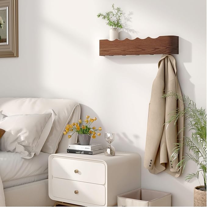 Coat Rack Wall Mount Entryway Organizer Modern Key Holder Wall Mount with Wooden Shelf Entryway Hooks for Bedroom Kitchen Hallway Bathroom for Hanging Coats Hats Dog Leashes Bags Towels