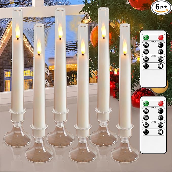 Lezonic Flameless Windows Candles Battery Operated with Timer Remote, 6Pcs White Acrylic Flameless Candlesticks with Holders, LED Taper Candles Flickering for Halloween Christmas, 0.8 x 8 inches