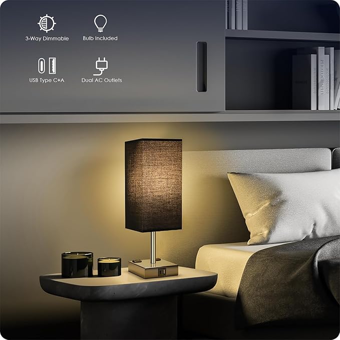 Soilsiu Set of 2 Bedside Table Lamp 3 Way Dimmable Nightstand Lamp with USB C & USB A Charging Port, 2 AC Outlets, 3000K LED Bulbs (Black)