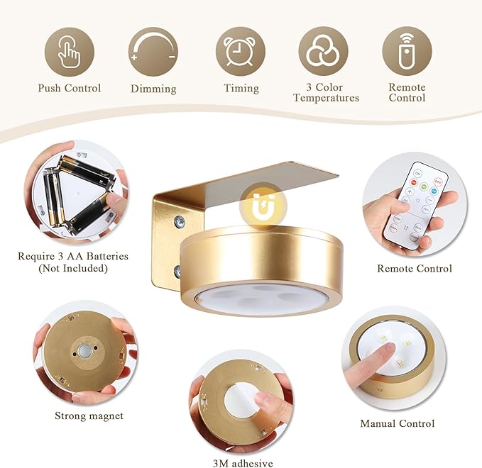 4-Pack Picture Light Battery Operated Painting Lights for Wall, Magnetic LED Display Art Light with Remote, Dimmable and Timer Portrait Light for Art Frame Artworking, Wall Decor Puck Light