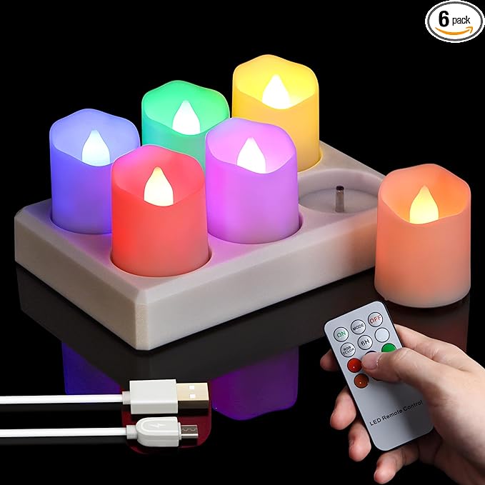 6pcs Rechargeable LED Tea Lights Color Changing with Charging Base, Flameless Votive Candles RGB Flickering with Remote and Timer, Electric Fake Candles, USB Cable Included