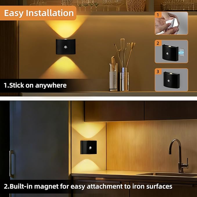 2 Pack Motion Sensor Wall Light, Rechargeable Wall Sconce with 3 Color Temperatures and Brightness Adjustable, Wireless Magnetic Mount for Bedroom, Stair, Hallway, Closet (Black)