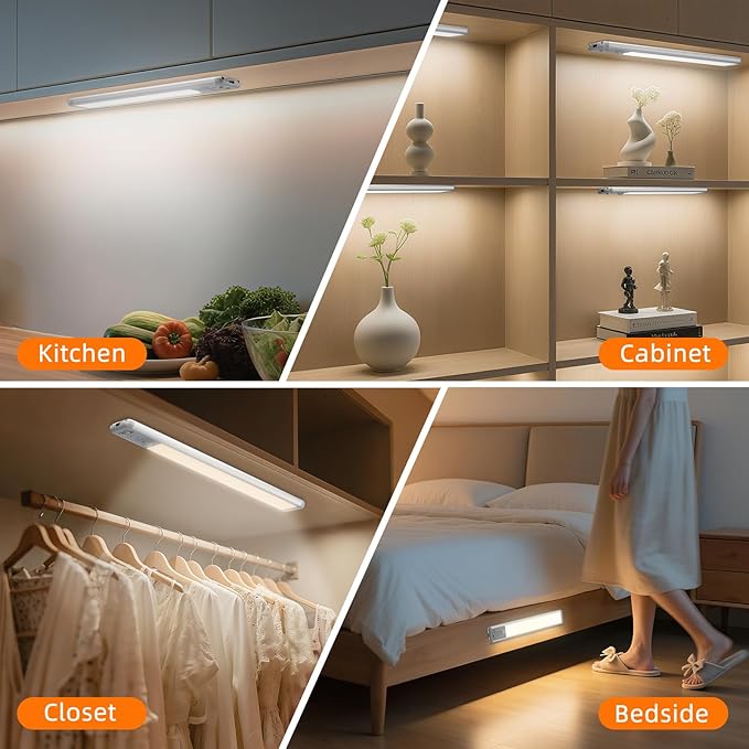 Under Cabinet Lighting Wireless, Rechargeable Motion Sensor Light Indoor, 3 Color Dimmable Closet Light Battery Operated with LED Power Display, Magnetic Under Counter Lights for Kitchen, Home (6Pack)