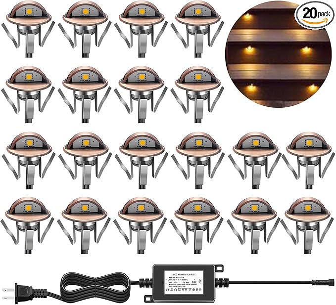 LED Step Lights Low Voltage IP65 Waterproof Recessed LED Deck Lighting, Half Moon F1.38 Yard Garden Patio Step Landscape Pathway Decoration Lamps(20pcs,Warm White)