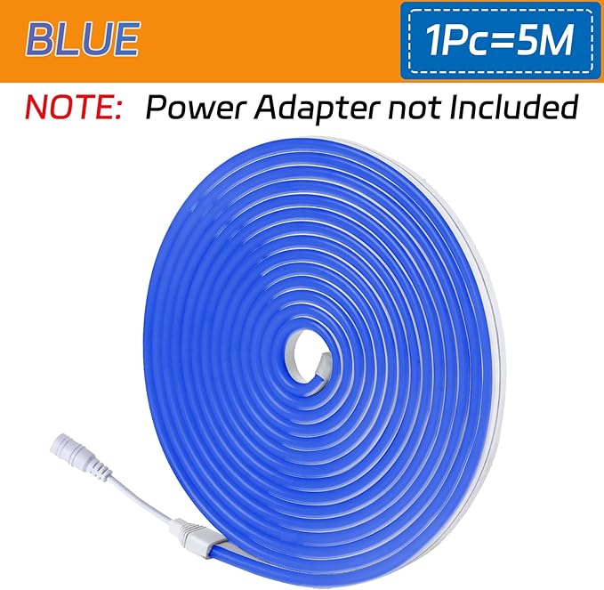 LED Neon Lights Flexible Blue 16.4FT/5M 12V DC Waterproof Flexible LED NEON Light for Indoors Outdoors Decorm [ No Power Adapter]