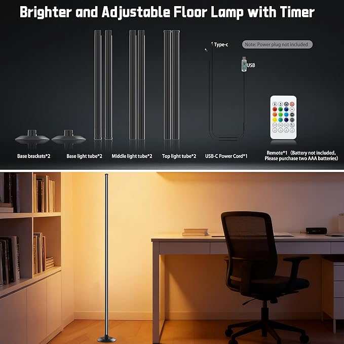 Led Corner Floor Lamp USB Powered with App & Remote Control, Color Changing Led Lamp Music Sync IC+RGBW, Timer, 64+ Music Modes, Standing Lamps for Living Room Lamp Bedroom Gaming Room, 2 Pack