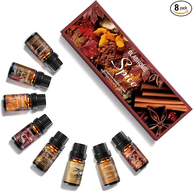 Fall Essential Oils Set-8×10ML，Essential Oils for Diffusers for Home, ragrance Oil for Candle, Cinnamon,Apple CiderF,Pumpkin Pe,Vanilla,Hawest Spice,More, Aromatherapy Gift Set for Women & Men