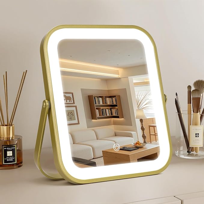 Rechargeable Vanity Mirror with Lights, 10"×8" Makeup Mirror with Lights, 1500mAH Battery, Smart Touch with 3-Color Lighting, Dimmable, HD Desk Mirror, Women Gift, Travel Essentials (Gold)