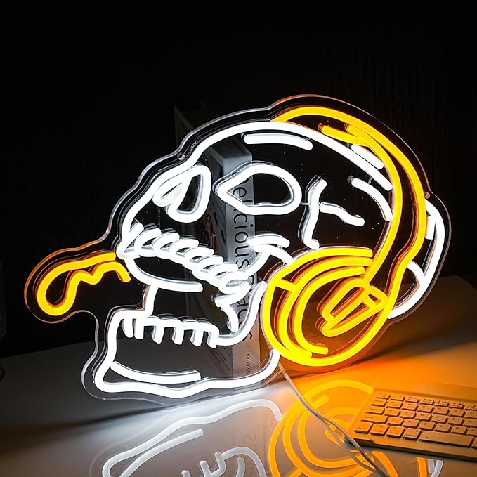 Skull Headphone Neon Sign Headphone Neon Light for Wall Decor LED Dimmable USB Skull Light Up Sign for Boys Gaming Room Bedroom Man Cave Gifts for Men Neon Lamp Game Room Accessories Personalized Gift