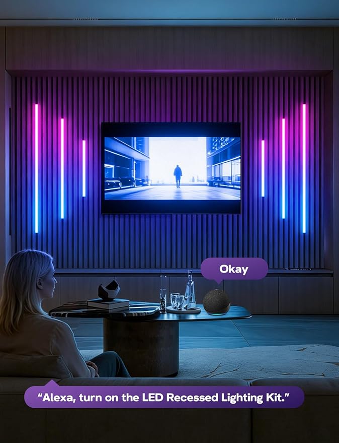 DIY RGB+IC LED Recessed Lighting Kit for Wall Panels, 6pcs Adhesive Wall Strip Lights for Wall Accent Acoustic Panels, WiFi Smart Color Chasing Wood Slat LED Lights with Alexa & WiFi APP Control