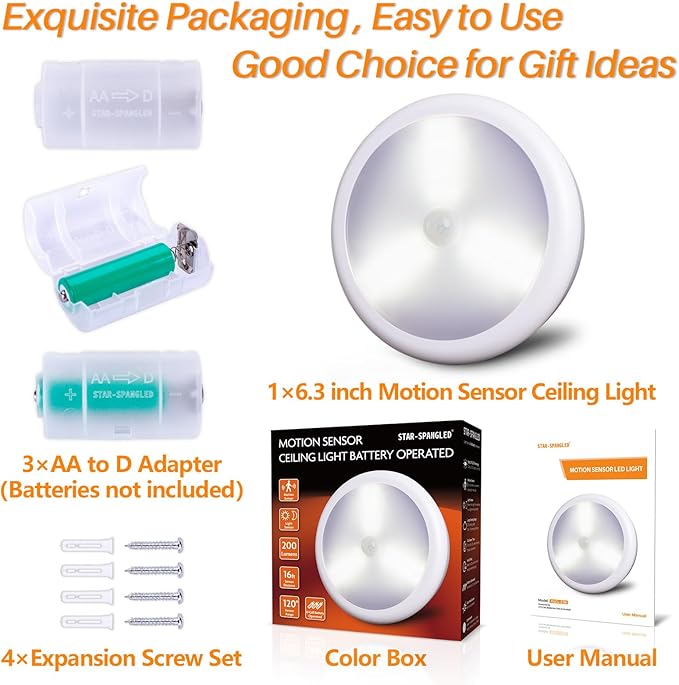STAR-SPANGLED 6.3” Motion Sensor Ceiling Light Indoor AA or D-Cell Battery Operated for Hallway, Stairs, Basement, Garage, Laundry Area, Closet, Natural White, AA to D Battery Adapters Included