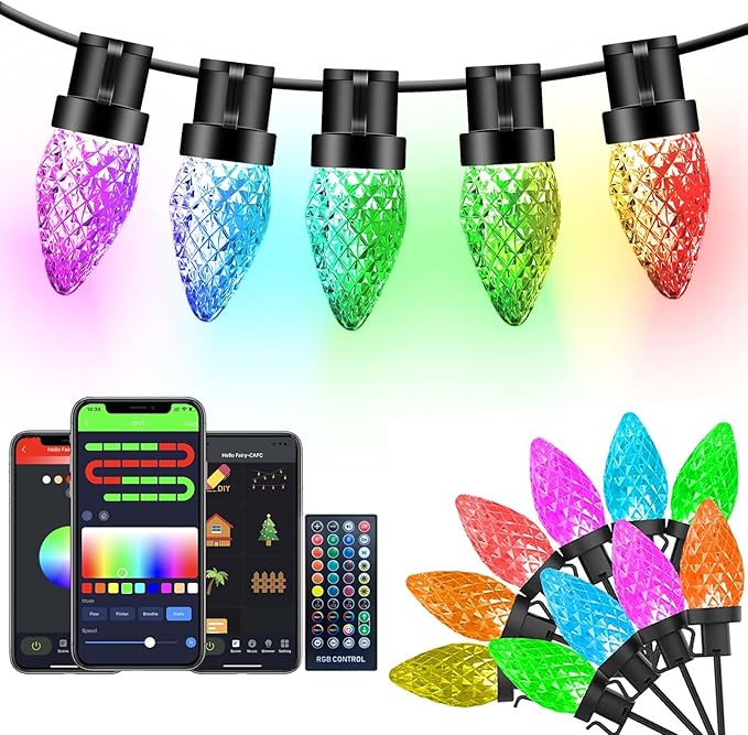 Dynamic C9 Christmas Lights Outdoor, 33Ft 50 LED Smart RGB, APP Remote Controlled, Connectable Waterproof Music Xmas Eaves Decoration