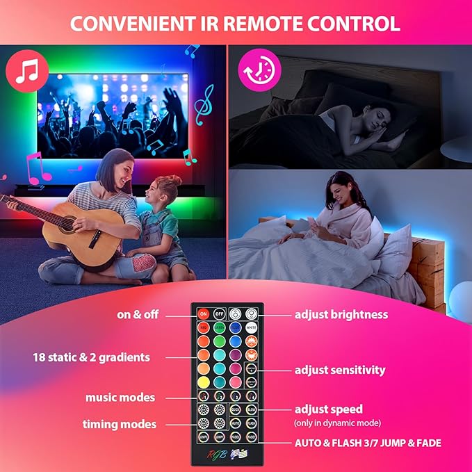 LED Strip Lights 65.6Ft(2 Rolls of 32.8ft), Dimmable 5050 RGB Color Changing Lights Strip with 40 Key IR Remote Controllers, Self-Adhesive Flexible 12V Bright LED Tape Light Kit for Home Party Holiday