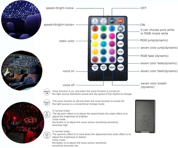 AZIMOM 6W Bluetooth Music Control RGB LED Fiber Optic Lights Star Ceiling Light Kit RF 28 Key Remote APP Sensor Light Source 550pcs 0.75mm 13.1ft Fiber Strands for Indoor Car Home Interior Decoration
