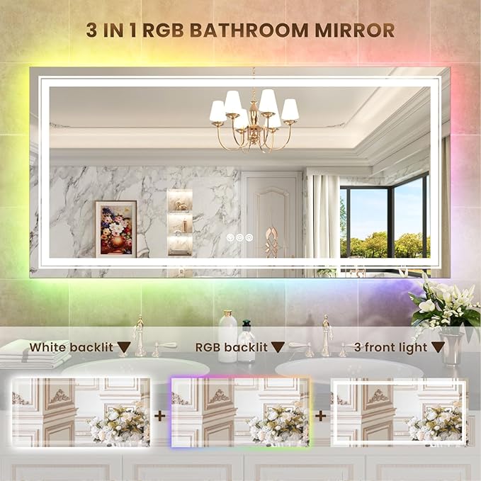 WTTY RGB LED Mirror for Bathroom,88"x38" Large LED Bathroom Mirror with Backlit and Front Light,Stepless Dimmable,Anti-Fog,Lighted Bathroom Vanity Mirror for Wall,Shatterproof,Memory Function