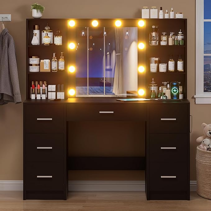 Vanity Desk with Mirror and LED Lights, Large Vanity with 7 Drawers and 6 Shelves, Make up Vanity Dressing Table with Charging Station for Girls, Women (Black)