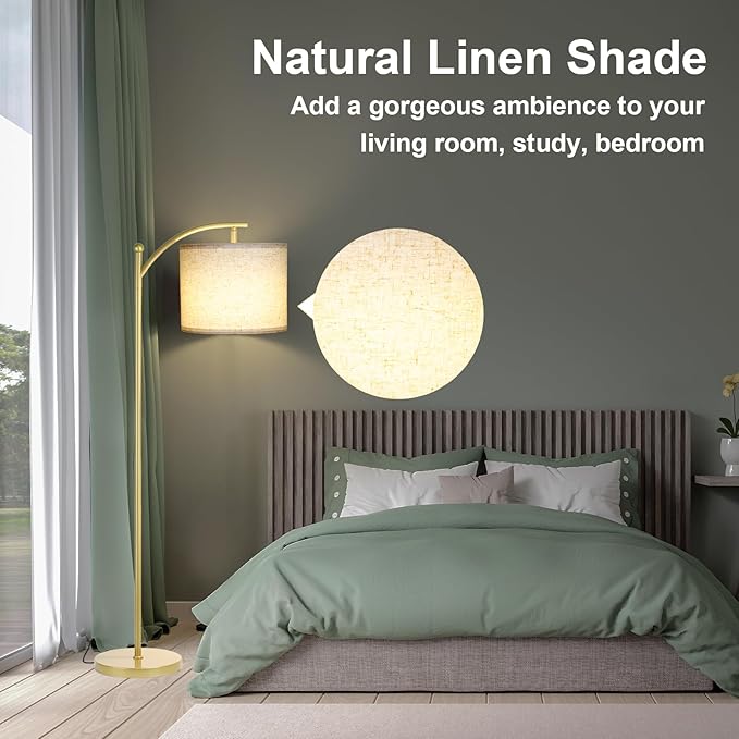 Floor Lamp for Living Room, Dimmable Floor Lamp with Foot-Step Switch Standing Lamp with Linen Shade Reading Lamp for Living Room Bedroom Office Dining Room, 9W Bulb Included (Gold)