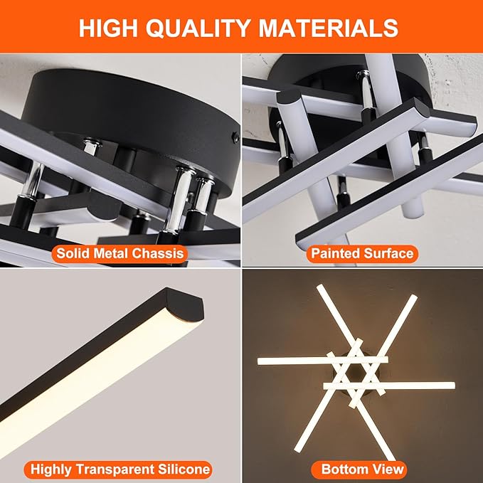 Modern LED Ceiling Lights - Dimmable with Remote, 24in Black Flush Mount Fixture for Living Room, Bedroom, Kitchen, Dining Room
