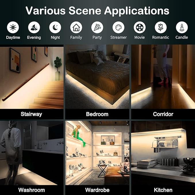 Motion Sensor Under Cabinet Lights - Plug-in LED Strip Lights Indoor With UL FCC Approved Adapter, Dimmer And Timer For Kitchen Cabinet, Counter, Shelf, Showcase, Stairway, Bedroom, Corridor, Washroom