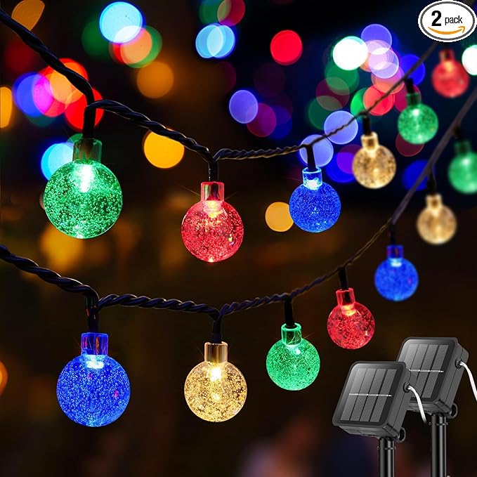 Metaku 2 Pack Solar String Lights for Outside, Total 72FT 120 LED Crystal Globe String Lights, Solar Powered Outdoor Lights with 8 Lighting Modes, Patio Light for Garden, Camping and Party Multicolor