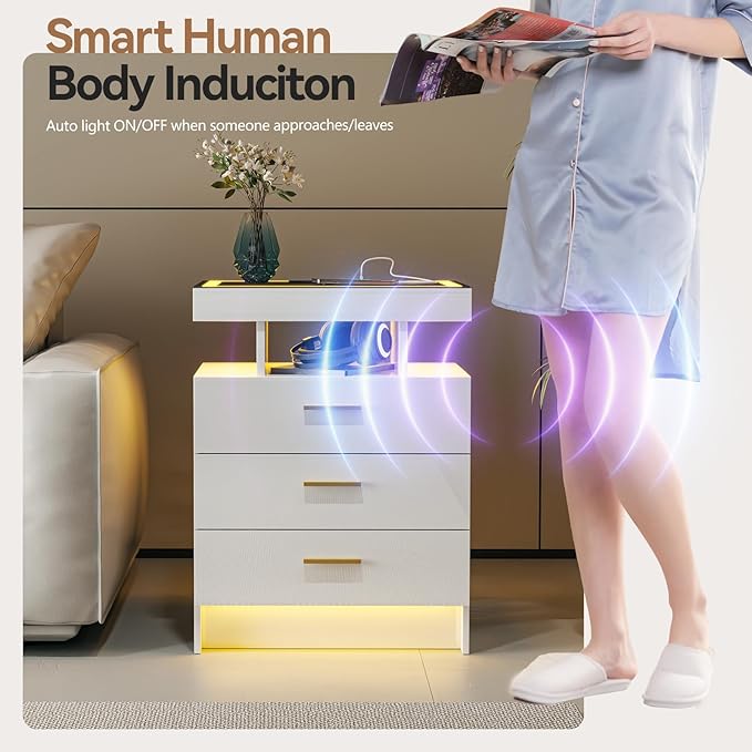 White Night Stand Set 2 with Wireless Charging Station,Smart Bedside Table with 3 Drawers,Modern Glass Top End Table with 3 Color Dimmable,LED Nightstand for Bedroom