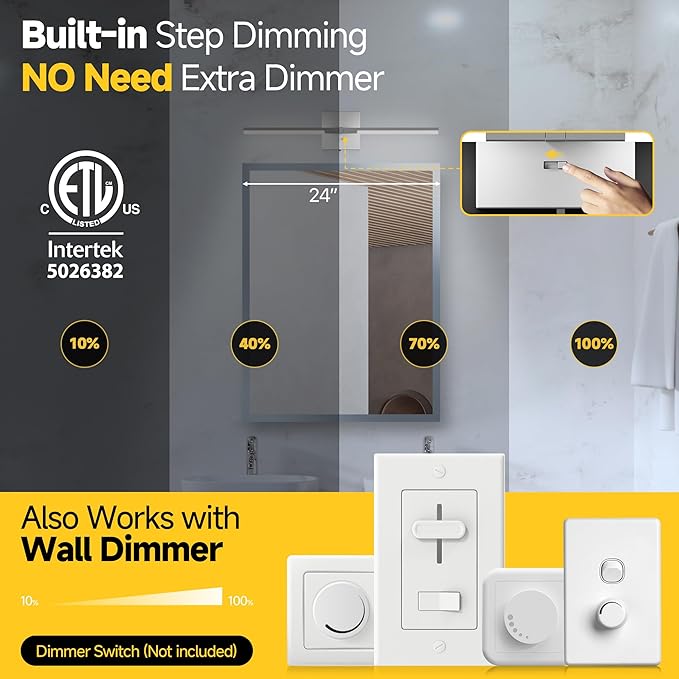 Vanity Lights 24 inch, 4-Level Brightness Built-in Dimmer, 14W Dimmable 5CCT Bathroom Light Fixtures Over Mirror, Baked Matte Grey Vanity Lights for Bathroom Mirror Cabinets Bedroom-FCC & ETL