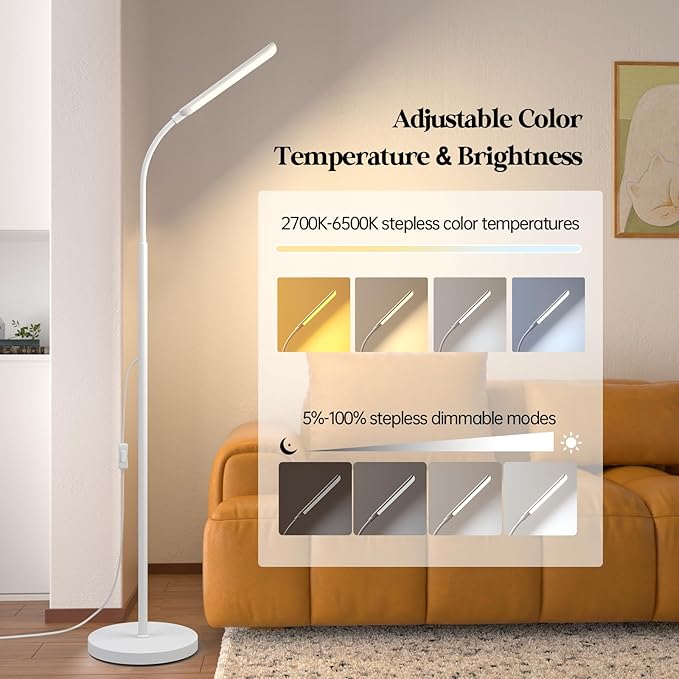 LED Floor Lamp, 18W Super Bright Floor Lamp for Living Room, Adjustable Stepless Colors & Brightness Standing Lamp, Eye Caring Reading Light with Remote (White)