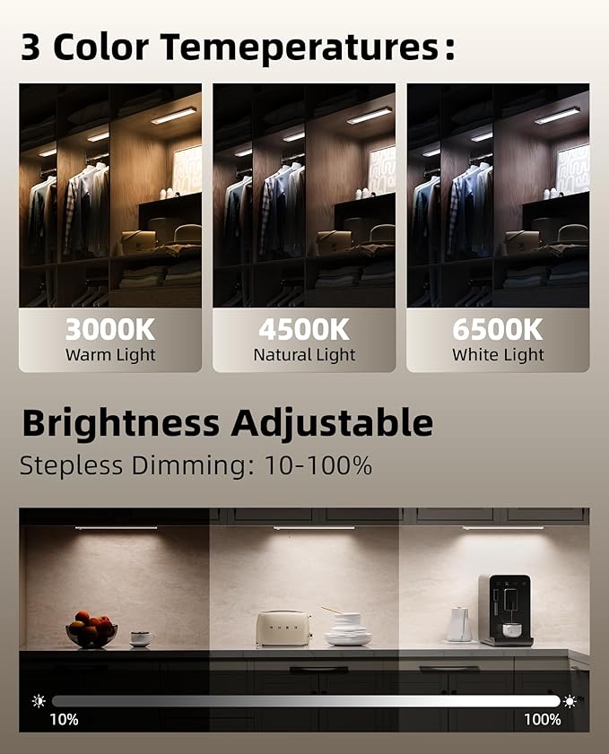 2Pack 16inch Under Cabinet Lighting, Rechargeable Motion Sensor Light Indoor, Dimmable 3 Color Temps Closet Lights with IR Remote, Under Counter LED Lights for Kitchen, Stairs