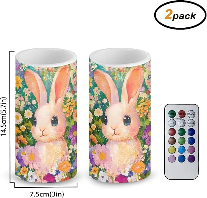 Flameless Candles LED Easter Rabbit Daisy Decorative Candles Battery Operated Ornage Flickering Candles with 18-Key Remote Timer Pillar for Home Living Room Party Table Decorations Green