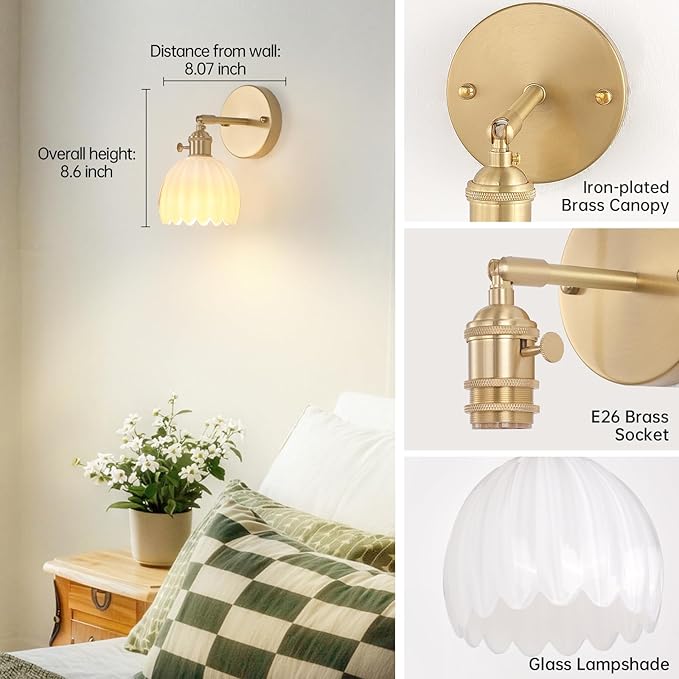 Vintage Battery Operated Wall Sconce with White Tulip Glass Lampshade Rechargeable Battery Powered Wall Light with Remote Control for Bedside Bedroom Doorway, Set of 2