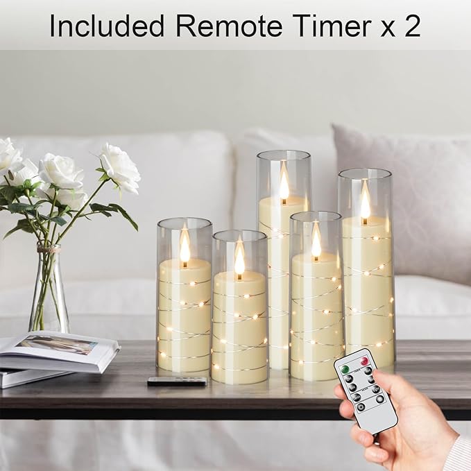 Wondise Flameless Flickering Candles with Embedded Star String Remote and Timer Battery Operated Flickering LED Candles Durable Acrylic Shell Pillar Candles for Christamas Home Decoration (7pack