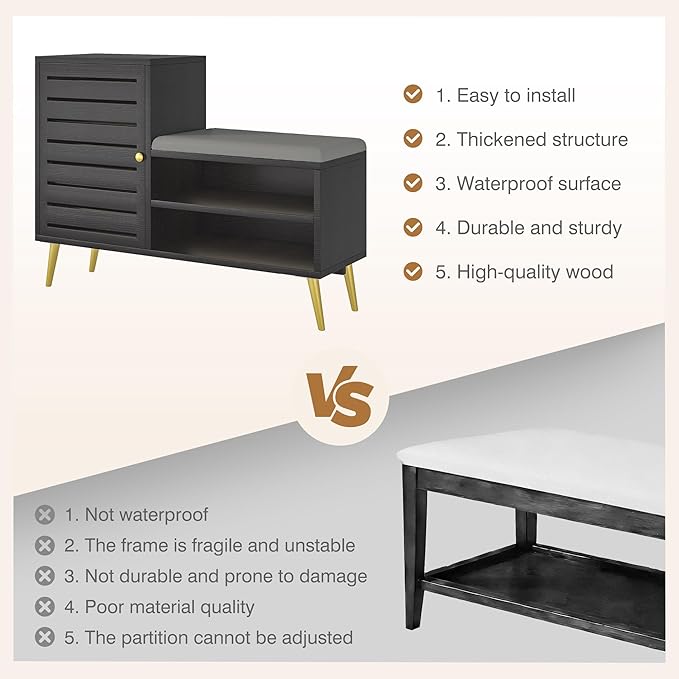 VECELO Shoe Storage Bench with Door&Shelf, Entryway Bench with Seat Cushion, for Hallway, Bedroom, Living Room, L-Shaped, Black