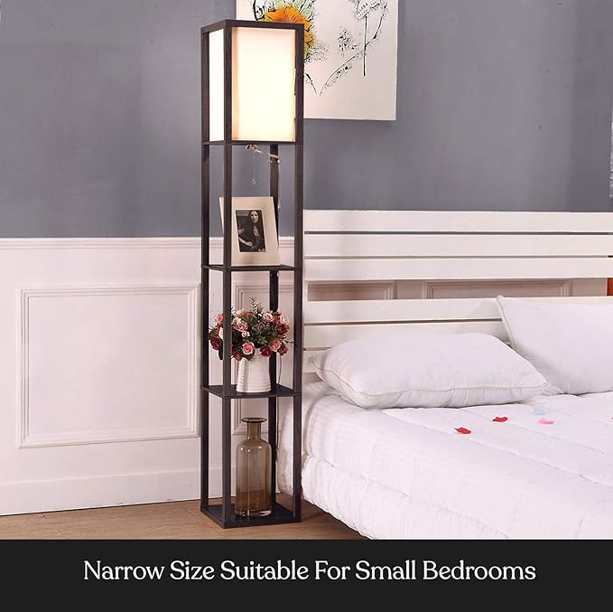 Brightech Maxwell - Modern Shelf Floor Lamp with Lamp Shade & Warm White LED Bulb, Corner Display Floor Lamp with Shelves for Living Room, Bedroom, Nightstand Office, Home Decor Storage - Black