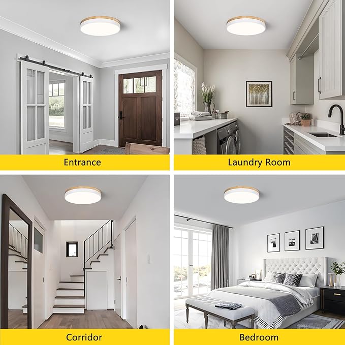 Modern Wood White Flush Mount Ceiling Light, 15.74" Round LED Low Profile Close to Ceiling Fixture for Kitchen Bedroom Bathroom Laundry Hallway Entryway Closet Living Room