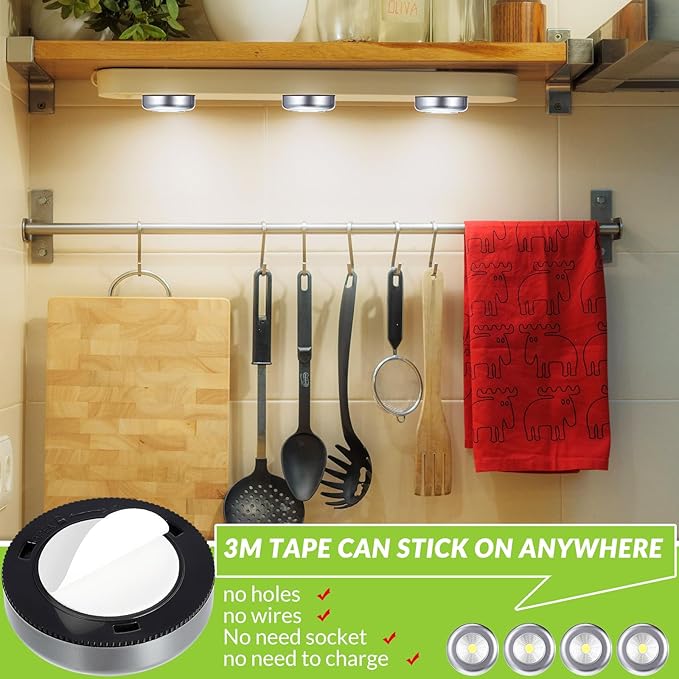 Macarrie 24 Pack Push Tap LED Puck Lights, 2.68" Mini Wireless Touch Night Light, 60 Lumens Battery Operated Stick on Lights for Under Cabinet, Kitchen Counter, Closet & Wall(Silver)