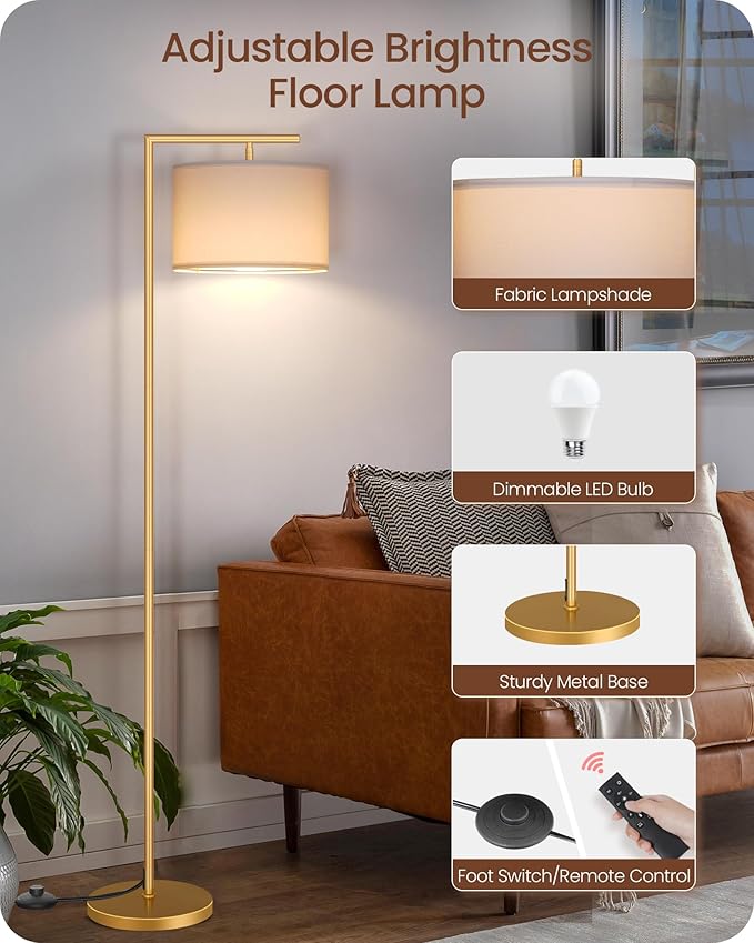 Gold Dimmable Floor Lamp, Modern Arc Lamp with Remote, Standing Corner Light with Lampshade, Tall Reading Lighting for Bedroom, Living Room, Office, Den, White, LED Bulb Included, DW11LD05