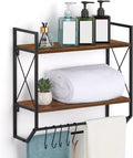 Bathroom Towel Rack 2 Tier Wall Shelf with Towel Bar, Rustic Towel Rack with Shelf for Wall Storage Shelves with Hooks Over Toilet Shelf Wall Mounted Towel Holder Shelf Floating Shelves for Home Brown