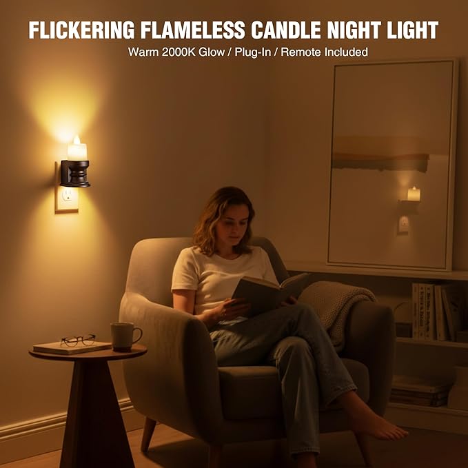 Meonum Remote Control Flickering Flameless Candle Night Light Plug in, Dimmable LED Nightlight with Dusk to Dawn Sensor, Dual Light Candle Nightlight for Bedroom, Hallway, Bathroom(Warm Yellow)