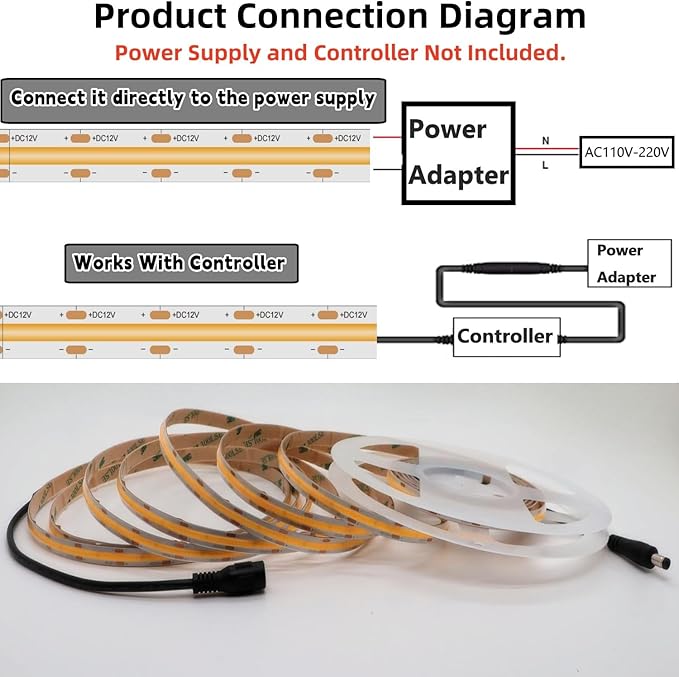 IP65 COB LED Strip Light, 480LEDs/m High Density 4000K, 16.4FT DC12V Flexible Cuttable CRI90+ Uniform No-Spot Lighting for Kitchen, Bathroom&Under Cabinet, Home DIY Lighting Projects(No Power Supply)