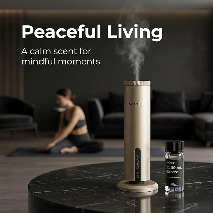 Scentia Wireless Waterless Hotel Scent Diffuser | Includes Premium USA-Made Oil Blend | App Controlled, Cordless | Home, Office, Spa, Aromatherapy | Covers 1500 Sq Ft | 72 Hrs in 1 Charging | Gold