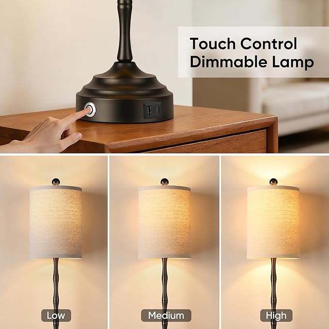 Qimh Buffet Lamps for Night Stands, 30.5" Tall Skinny Beside Lamps Set of 2 with Linen Shade and Stable Base, 2 LED Bulbs Morden Table Lamps for Living Room, Bedroom, Dinning Rooms, Entry, Home(Black)