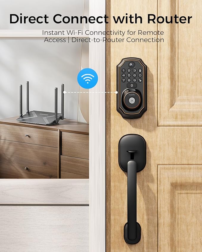 Keyless Entry Deadbolt with Handle Set - WiFi Smart Lock with Camera, 5-in-1 Camera+Doorbell+Fingerprint+Keypad, App Control, Auto Lock, Easy Install, Waterproof for Front Door（Black）